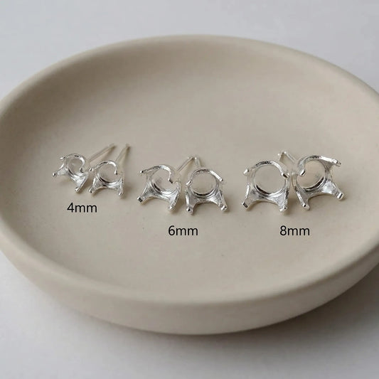 925 sterling silver Snaptite stud earring settings in 4mm, 6mm and 8mm sizes