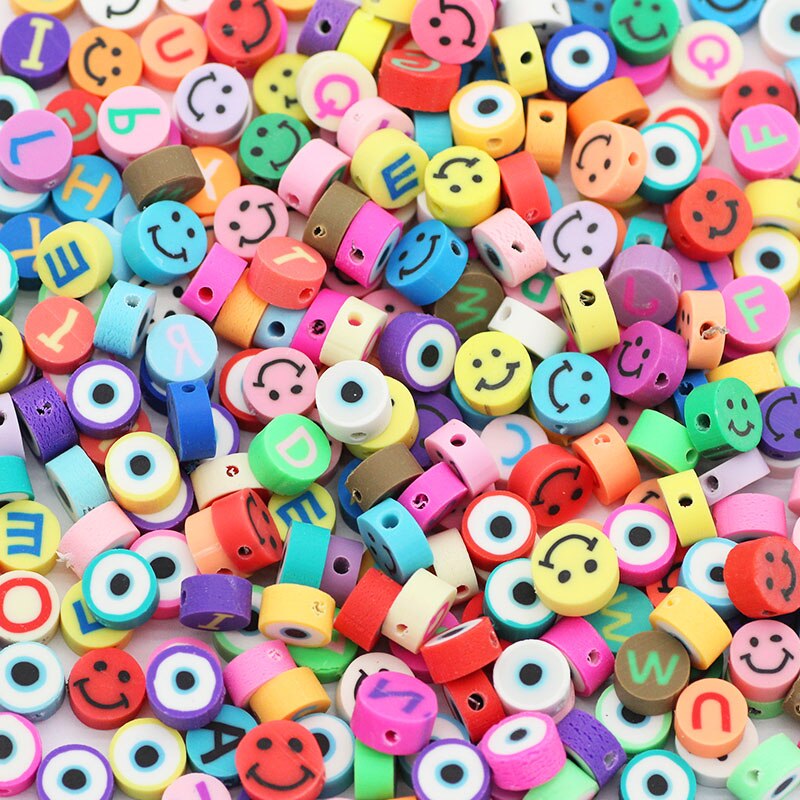 50pcs 10MM Mixed Color Letter & Smile Polymer Clay Beads