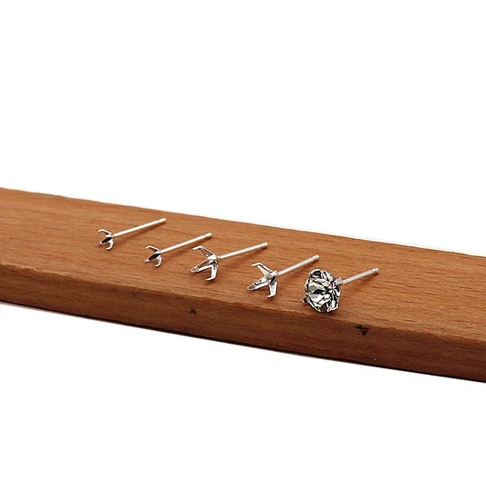 1 Pair S925 Sterrling Silver Blank Earring Post Stud 4 Claw Plating with 2.5 3 4 5 6 8mm Pad for DIY Jewelry Findings Making