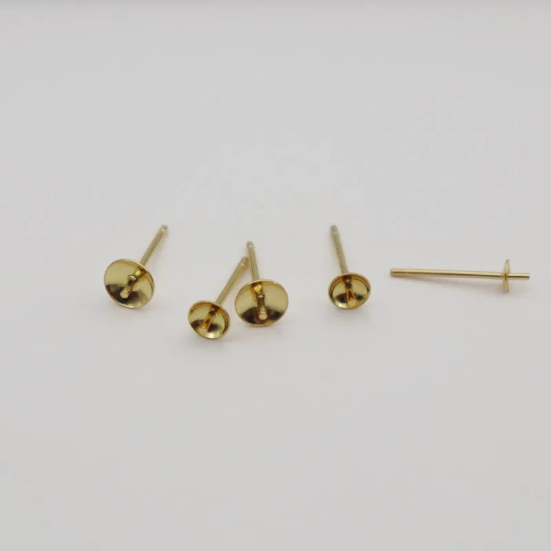 1Pair Solid 925 Sterling Silver Earring Holder Empty DIY Accessories 18K Gold Color Half Hole Pearl Round Beads Plate Ear