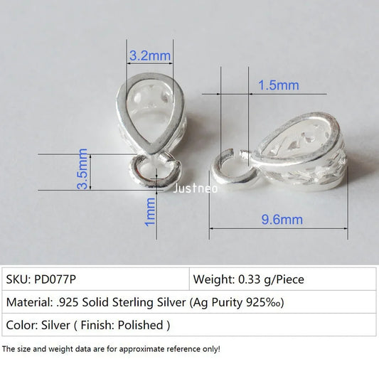 Solid .925 Sterling Silver Slider Pendant Clasp Bail Connector with open jumpring, jewelry DIY silver Accessories