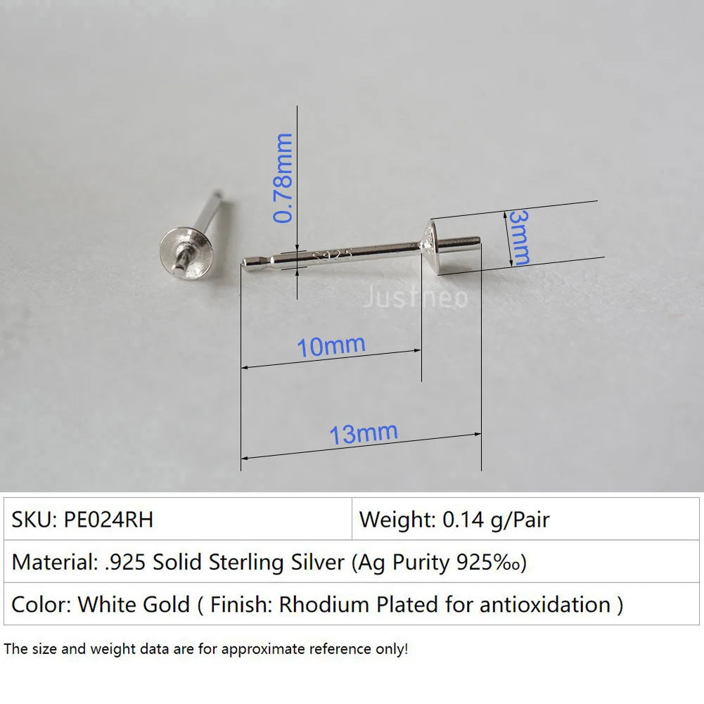 Solid 925 Sterling Silver Earring Studs Ear Post Finding with Cupped Pad for Holding Pearl Gemstone Beads