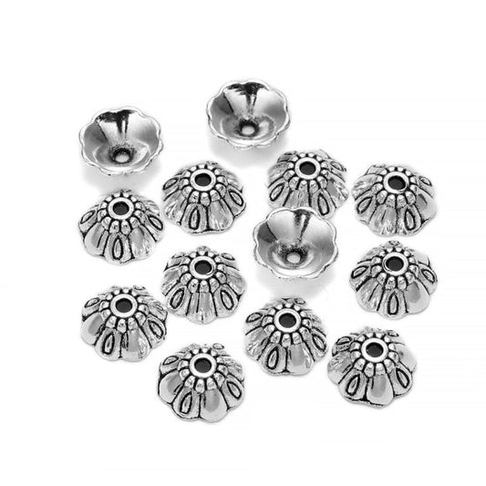 Capuchons de perles de fleurs sculptées antiques à 8 pétales de 9 mm, 20 pièces