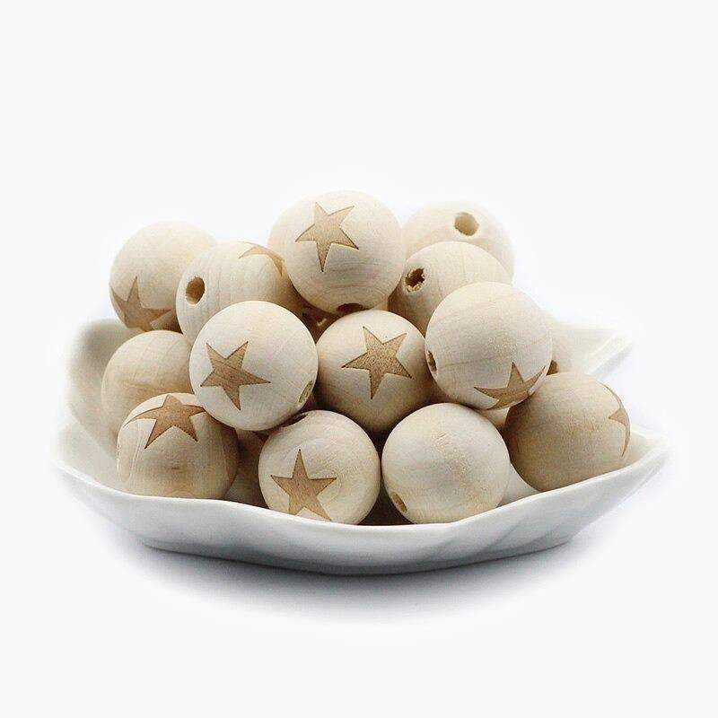 20mm Wood Beads, Smiling Face Round Natural Beads, Heart Star Baby Teether Wooden Beads for Jewelry Making 10pcs