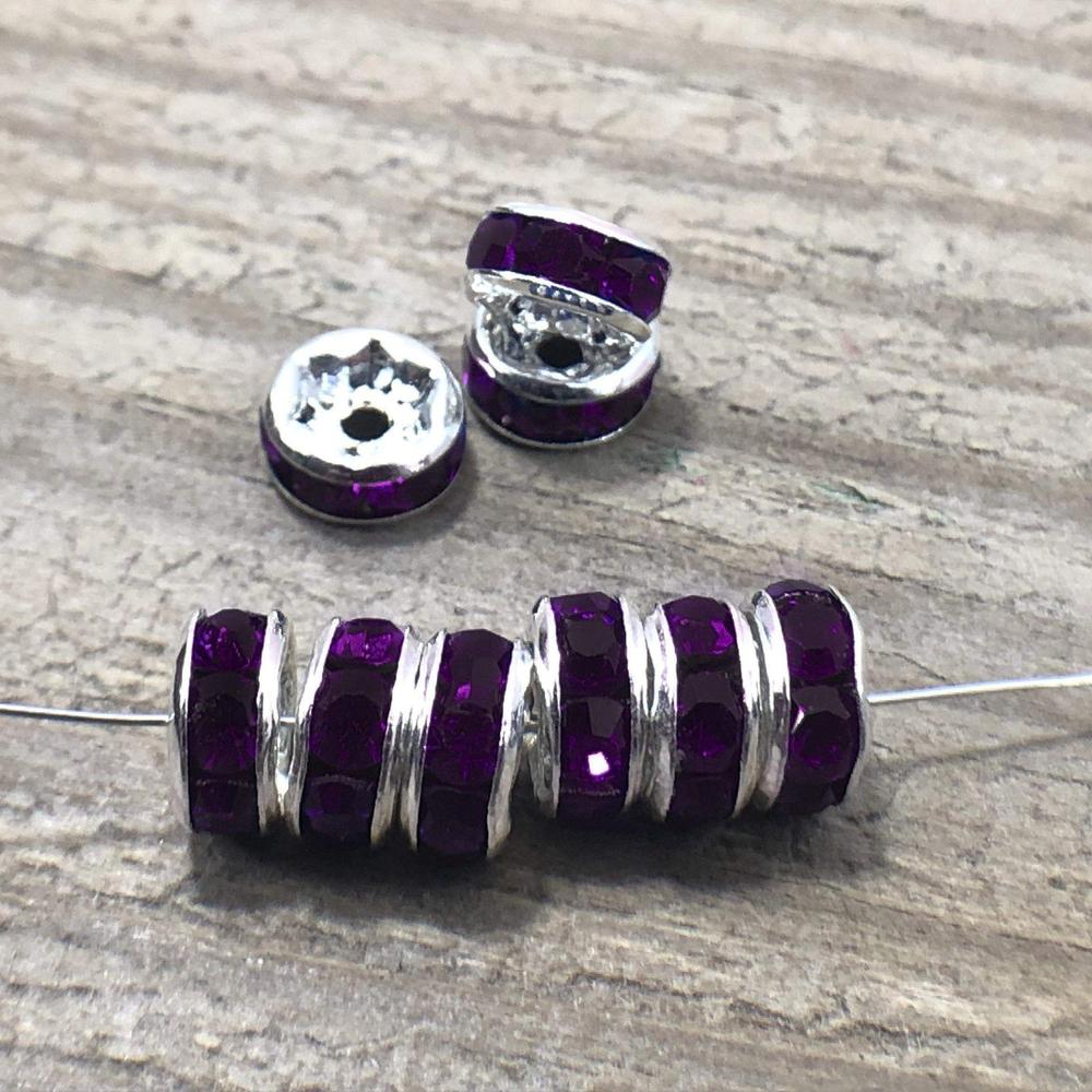 Amethyst Czech Crystal Rhinestone Silver Rondelle Spacer Beads, 100pcs 4mm 5mm 6mm 8mm 10mm, beadig, jewelry making Craft Supplies, Findings