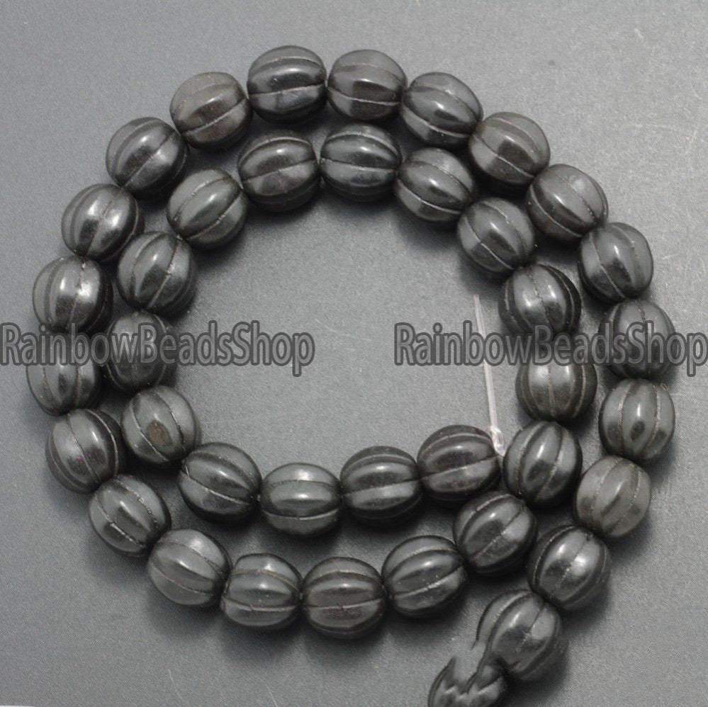 Black Howlite Pumpkin Round beads, 10-14mm, 16'' strand