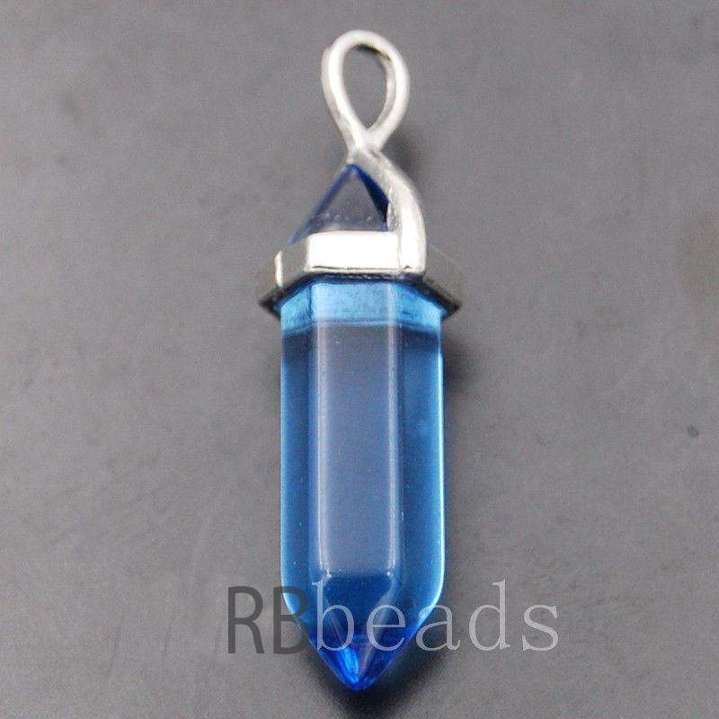 Blue Glass double Terminated, Reiki Point Pendant beads, Crystal healing Chakra Stone bead Rock chakra pendant