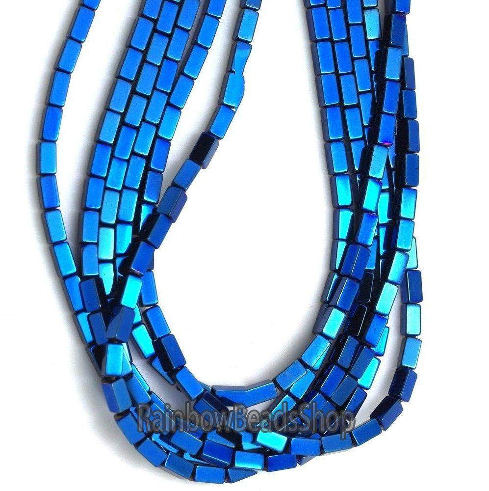 Blue hematite rectangle bead 2x4mm, 16'' inch. strand