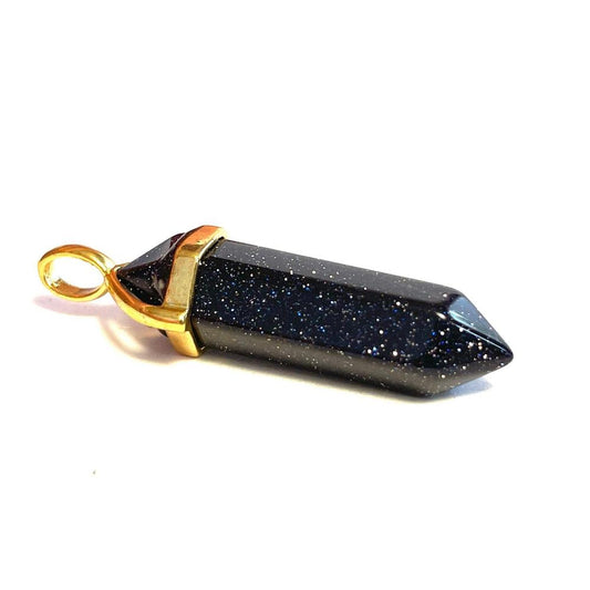 Blue sand aventurine Hexagonal Pointed Gemstone Pendant, Gold Plated Brass, Crystal Healing Pendant, Boho Hippie Crystal