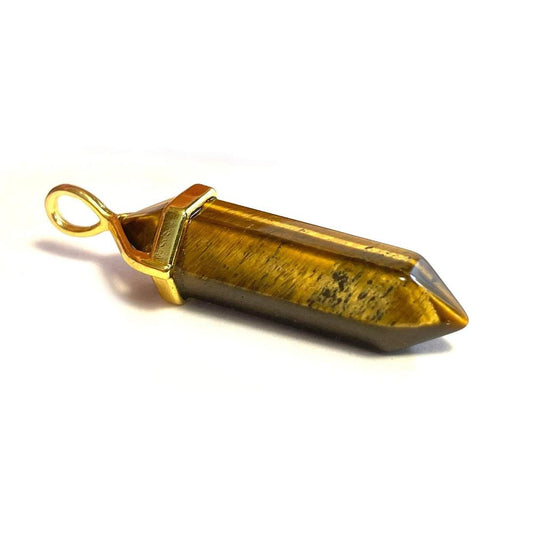Brown Tiger Eye Hexagonal Pointed Gemstone Pendant, Gold Plated Brass, Crystal Healing Pendant, Boho Hippie Crystal