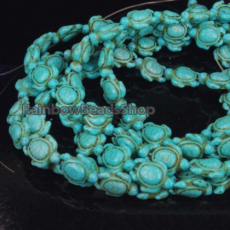 Carved Turtle Blue Howlite beads, 14x17mm, 16'' strand