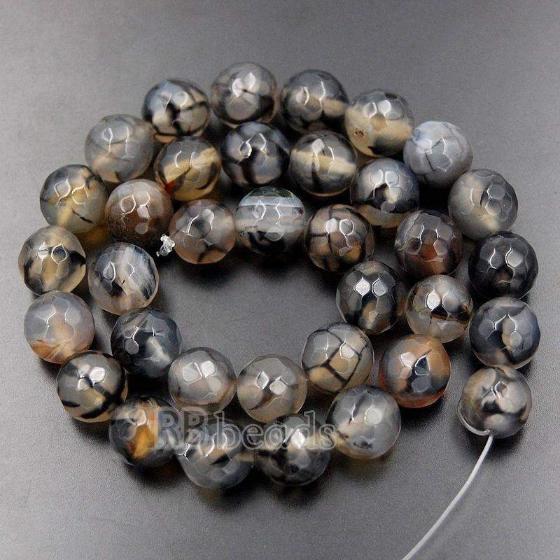 Faceted Dragon Vein Black Crackle Agate Beads, 6-10mm, 15.5'' strand