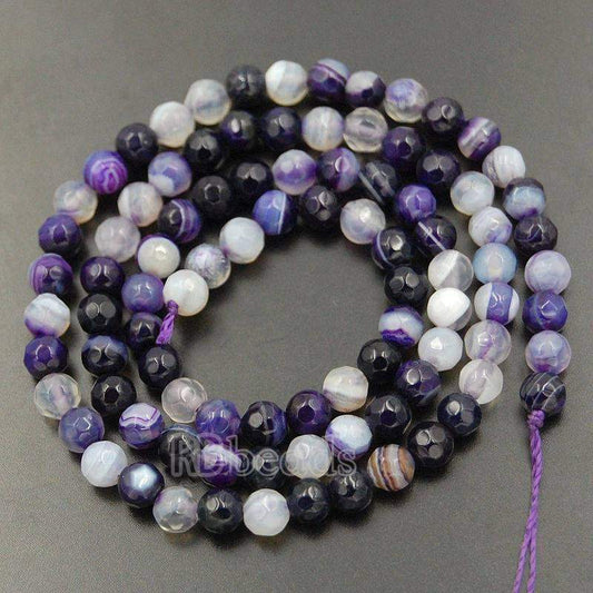 Faceted Purple Stripe Banded Agate Beads, 4-10mm Round, 15.5 strand