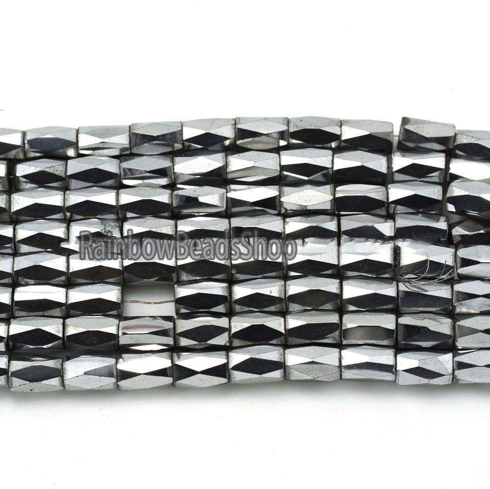 Faceted Tube Hematite beads, Silver, 100pcs 5x8mm