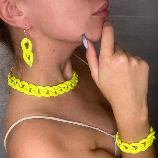 gift Jewelry set for her - handmade Earring, Necklace, Bracelet, Acrylic yellow Chain Choker, For Women Bijoux Fashion