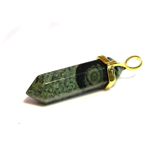 Kambaba Rhyolite Jasper Hexagonal Pointed Gemstone Pendant, Gold Plated Brass, Crystal Healing Pendant, Boho Hippie Crystal