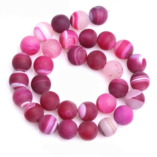 Matte Frosted Magenta Pink Stripe Agate Beads, 6-12mm Round
