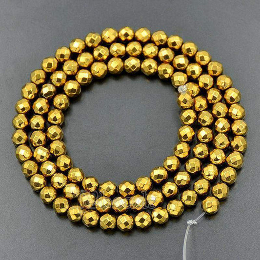 Natural Faceted Gold Hematite Beads, Round, 15.5''' full strand