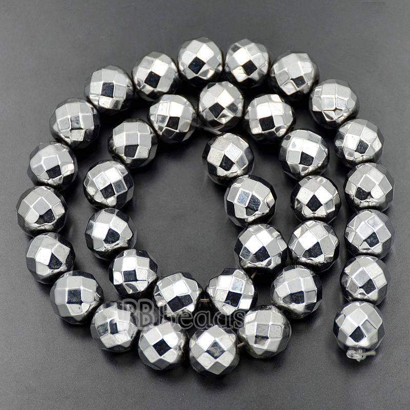 Natural Faceted Silver Hematite Beads, Round 15.5''' full strand