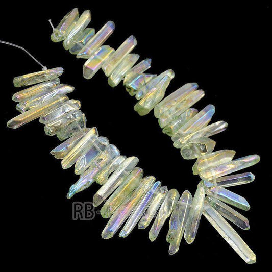Natural polished Green AB Druzy Quartz spike Titanium Coated Stick beads, 15.5 str