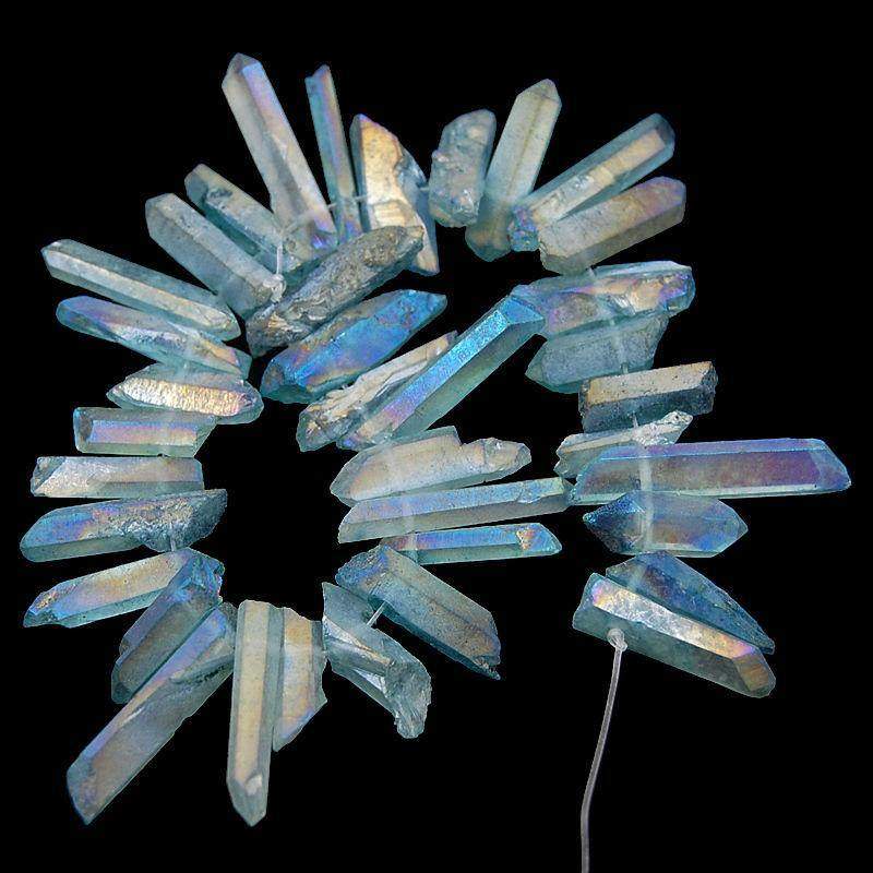 Natural Sky Blue AB Druzy Quartz spike Titanium Coated Stick beads, 15.5 str