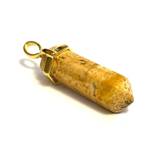 Picture Jasper Hexagonal Pointed Gemstone Pendant, Gold Plated Brass, Crystal Healing Pendant, Boho Hippie Crystal
