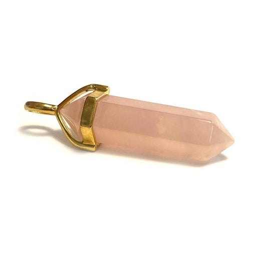 Rose Quartz Hexagonal Pointed Gemstone Pendant, Gold Plated Brass, Crystal Healing Pendant, Boho Hippie Crystal