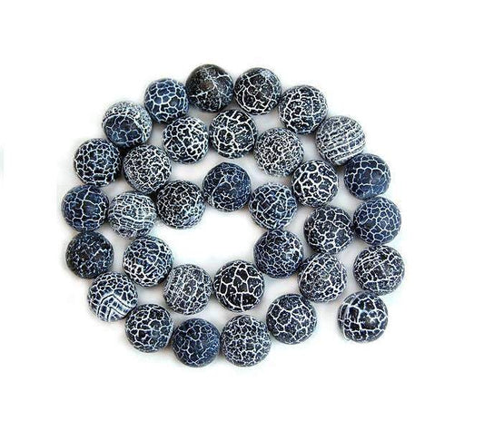 Round Matte Frosted Black Fire Crackle Agate beads, 4-14mm 15.5 strand