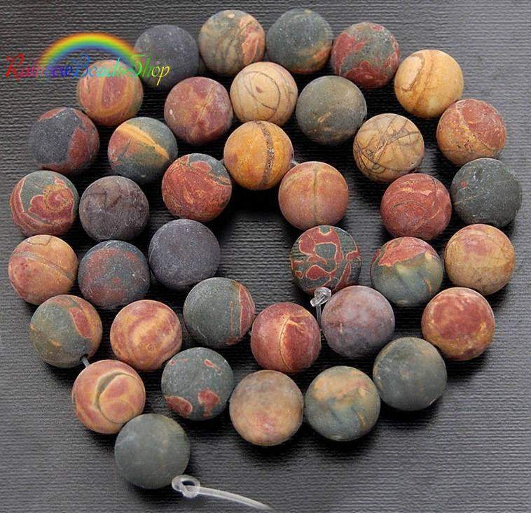 Round Matte Jasper Picasso beads, 15.5'' strand. 4-12mm