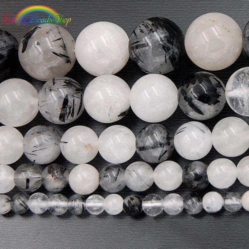 Rutilated Black White Quartz Beads, Gemstone Beads, Stone Spacer Beads, Round Natural Beads, 4mm 6mm 8mm 10mm 12mm 15''5 strand