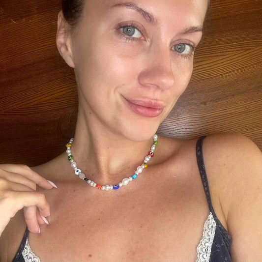 Tiny Colorful Evil Eye Pearl Beaded Necklace, Mixed glass seed and clay beads Choker, Indie Boho Trendy Rainbow Summer Necklace