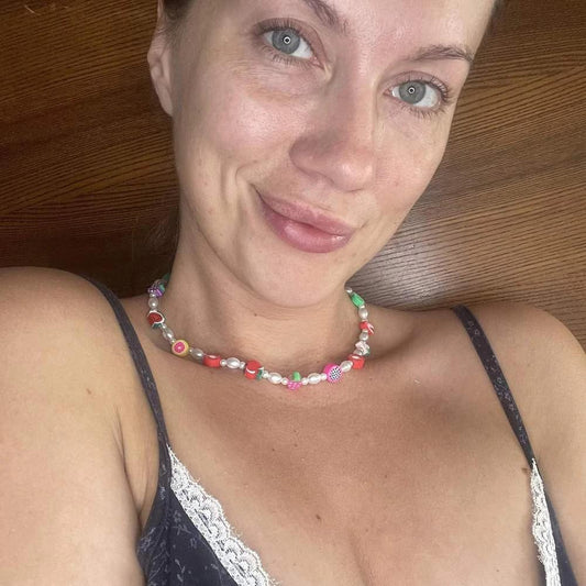 Tiny Colorful Pearl Beaded Necklace, Mixed glass seed and clay fruits beads Choker, Indie Boho Trendy Rainbow Summer Necklace