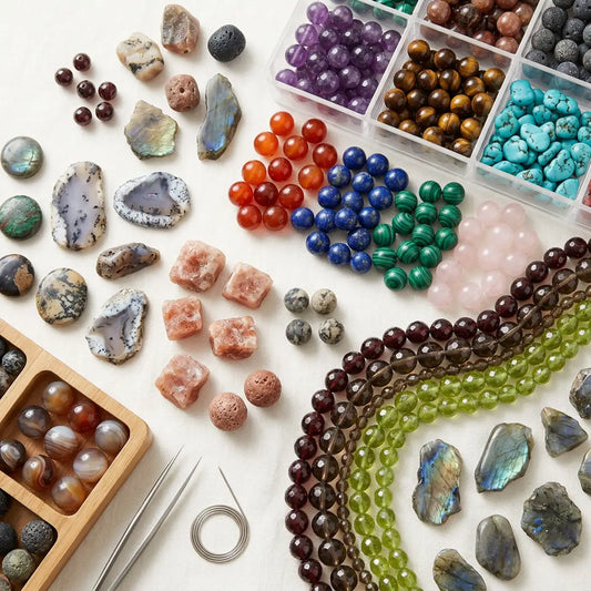 Natural gemstone beads for jewelry making with polished and faceted stone beads arranged on a jewelry workspace