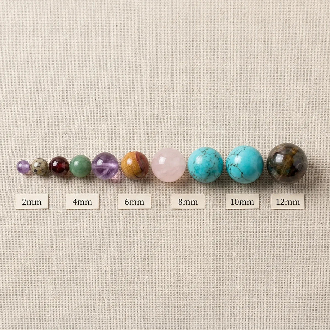 Popular gemstone bead sizes for handmade jewelry arranged from small to large