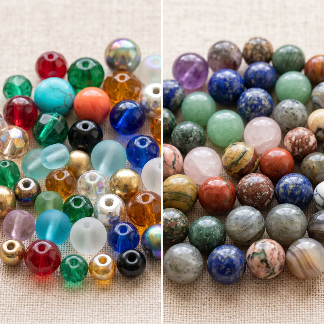 Glass beads and gemstone beads displayed side by side for jewelry making comparison