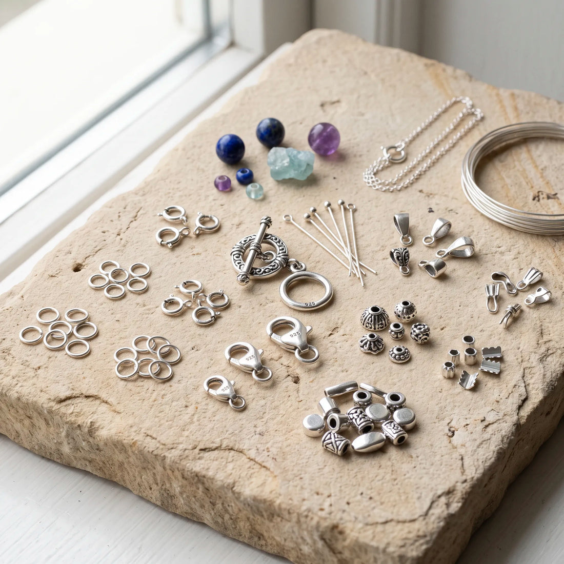 Various sterling silver findings for jewelry making including clasps jump rings connectors pins bails and bead caps
