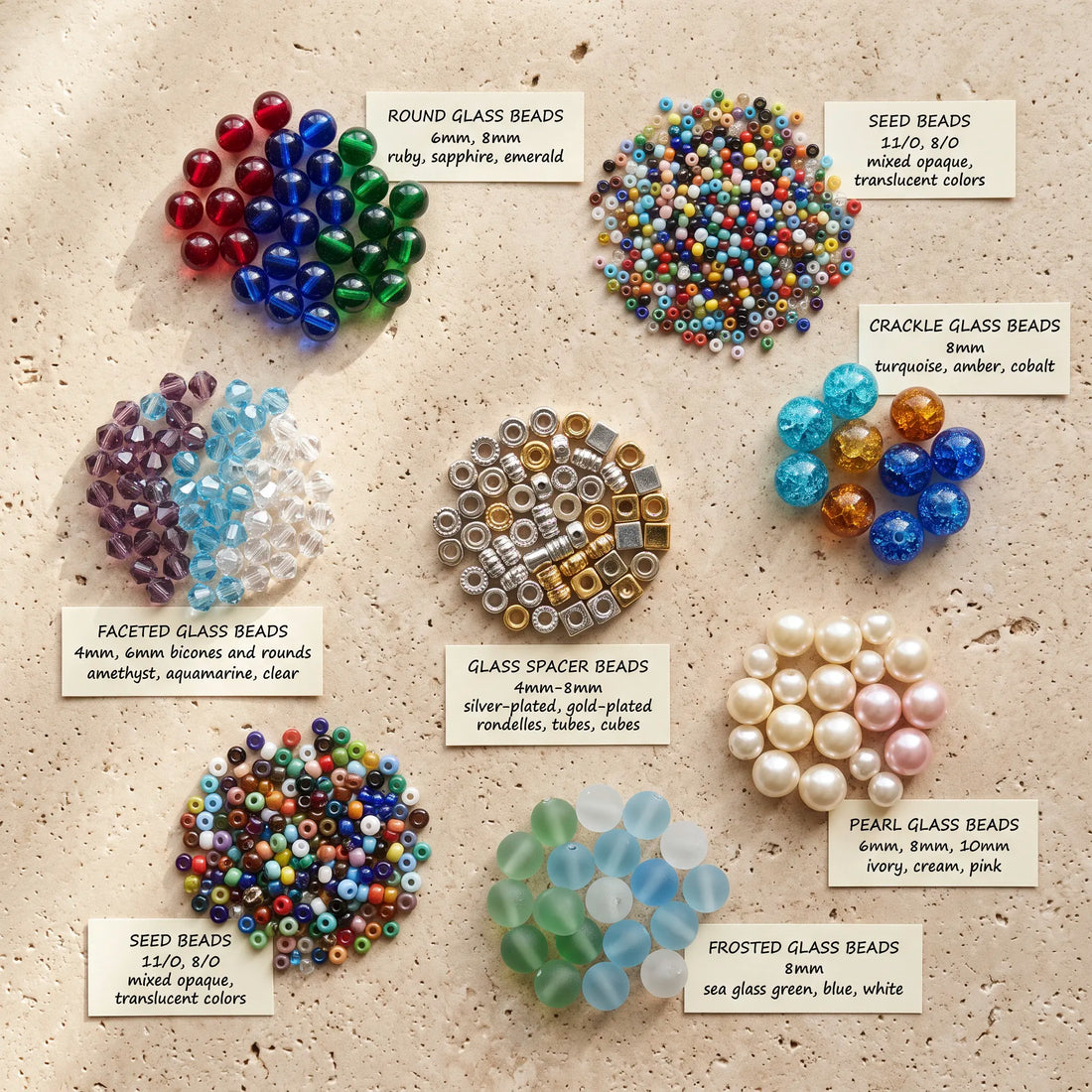 Different types of glass beads for jewelry making displayed together