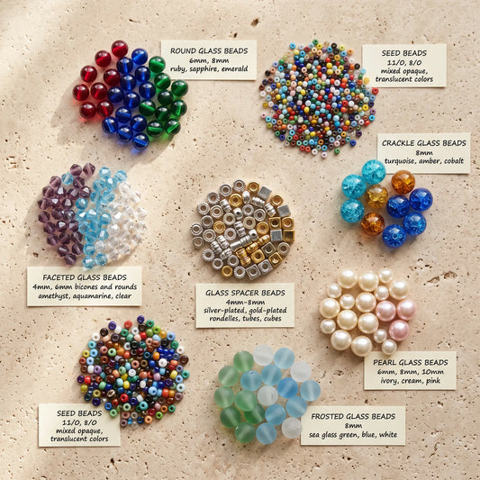 Different types of glass beads for jewelry making displayed together