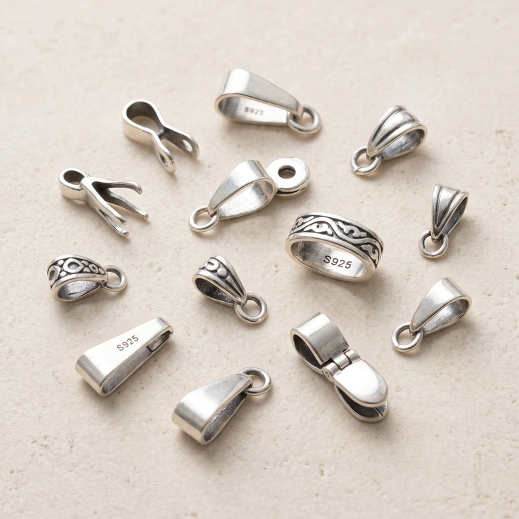 Sterling silver bails for jewelry making in different pendant bail styles