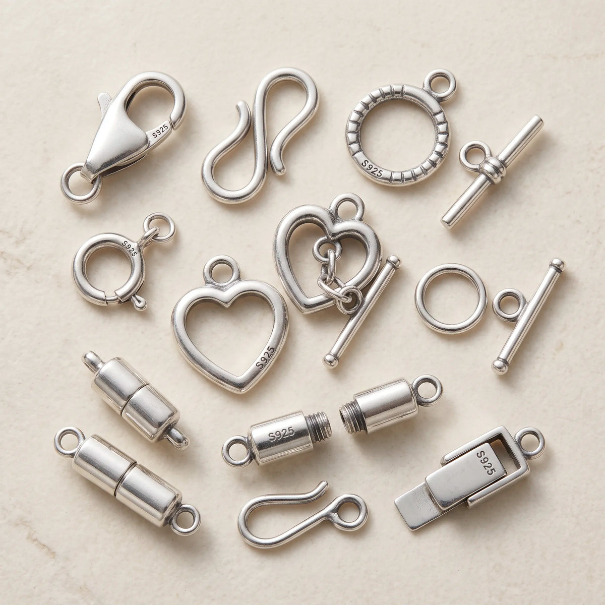 Sterling silver clasps for jewelry making in different closure styles