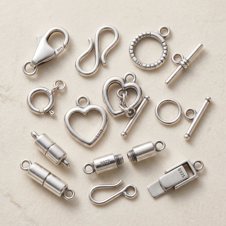 Sterling silver clasps for jewelry making in different closure styles