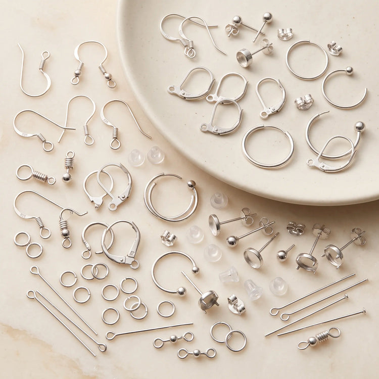 Sterling silver earring findings for jewelry making including hooks, posts, ear wires, backs, and other 925 silver components