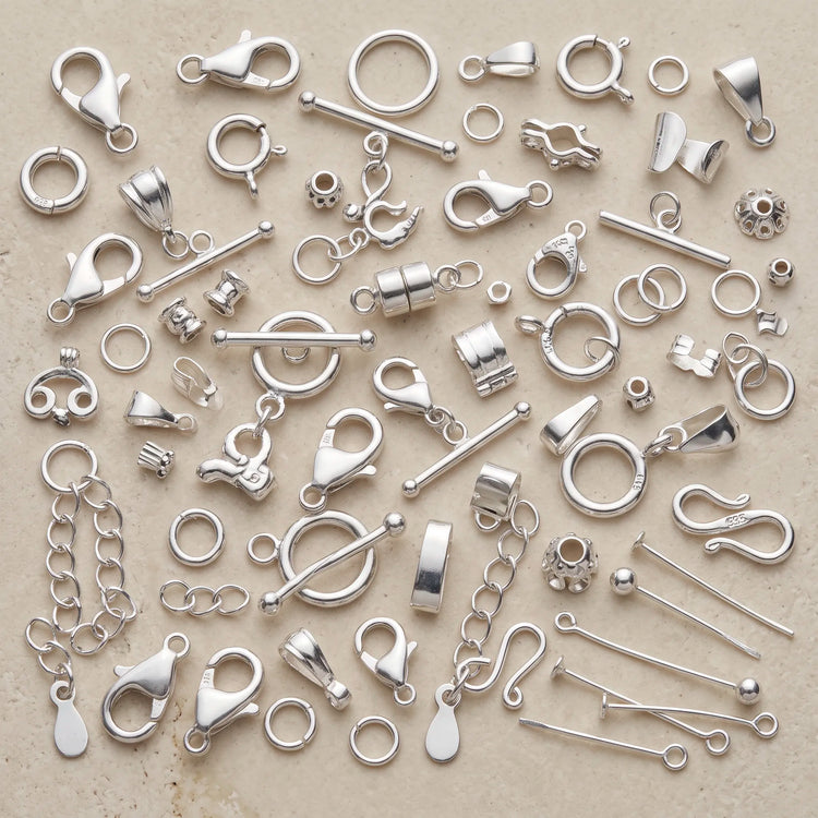 Sterling silver findings for jewelry making including clasps, jump rings, connectors, and other 925 silver components