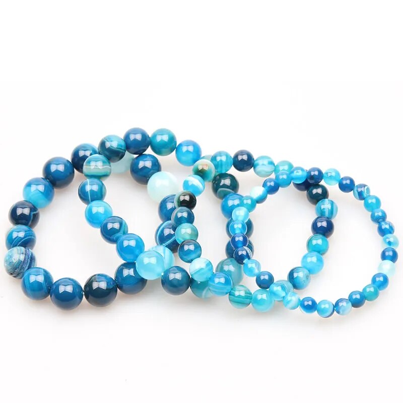 Bracelet en agate ronde à rayures bleues, 6-12 mm