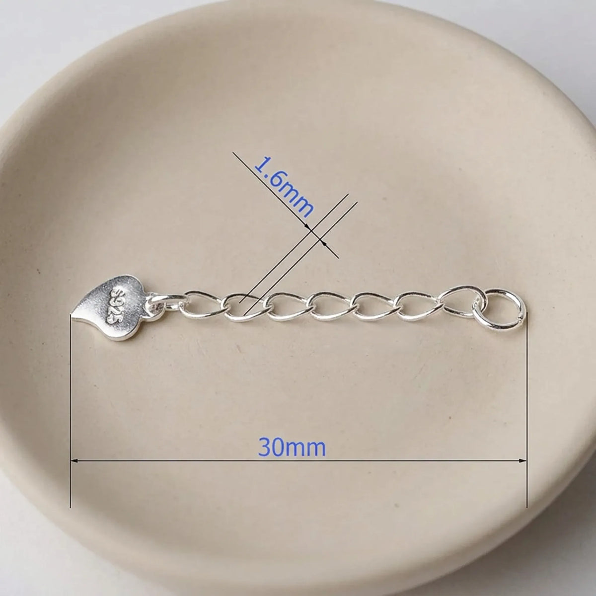 30mm 925 sterling silver chain extender with 1.6mm twisted oval links and S925 heart tag