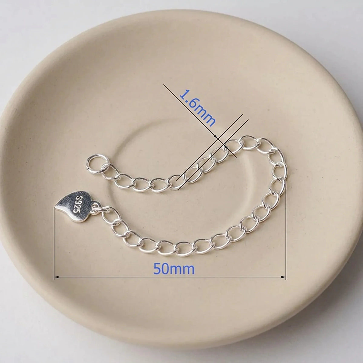 50mm 925 sterling silver chain extender with 1.6mm twisted oval links and S925 heart tag