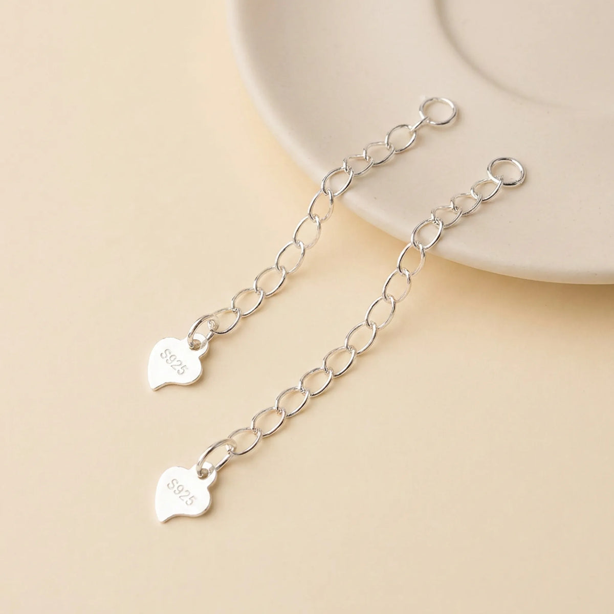 925 sterling silver twisted oval chain extenders with S925 heart tags in 30mm and 50mm lengths