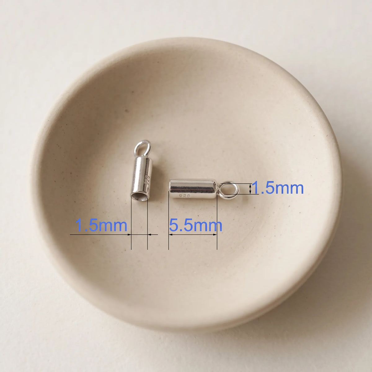 1.5mm 925 sterling silver cord end cap with loop, rhodium plated finish