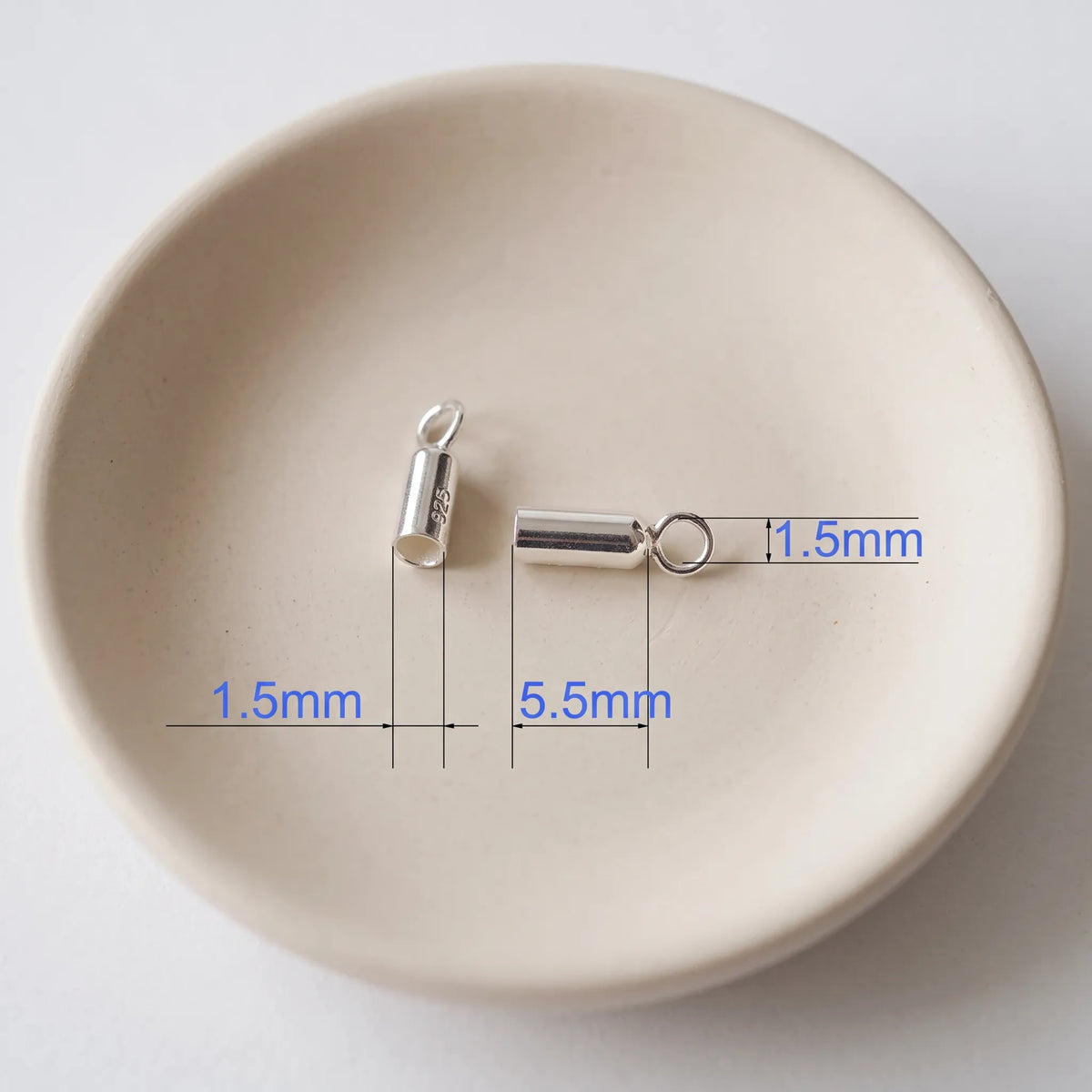 1.5mm 925 sterling silver cord end cap with loop, polished silver finish