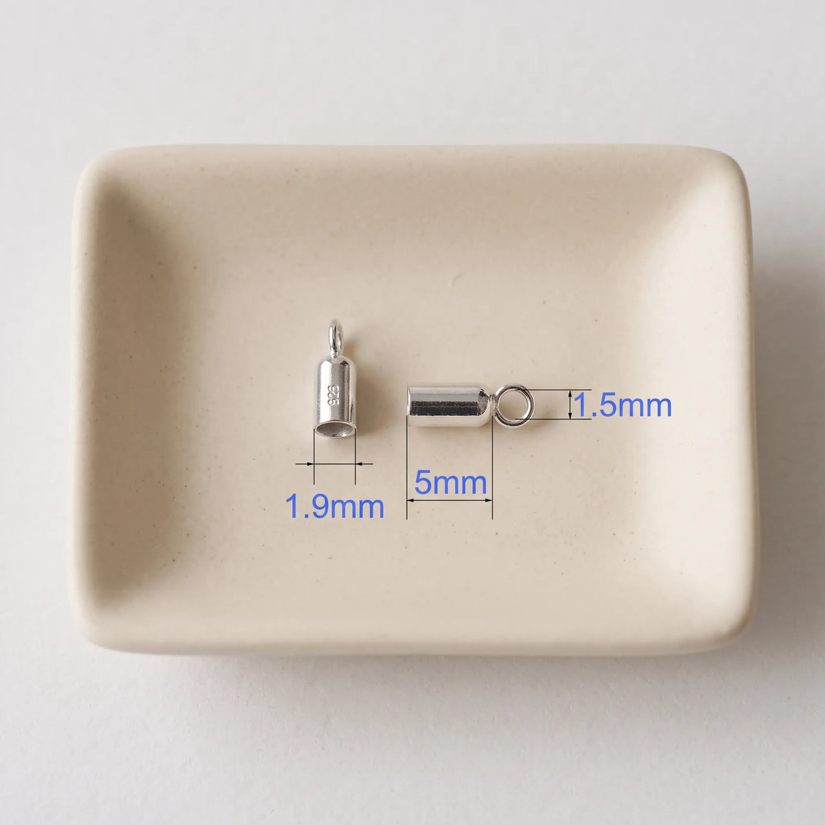 1.9mm 925 sterling silver cord end cap with loop, rhodium plated finish